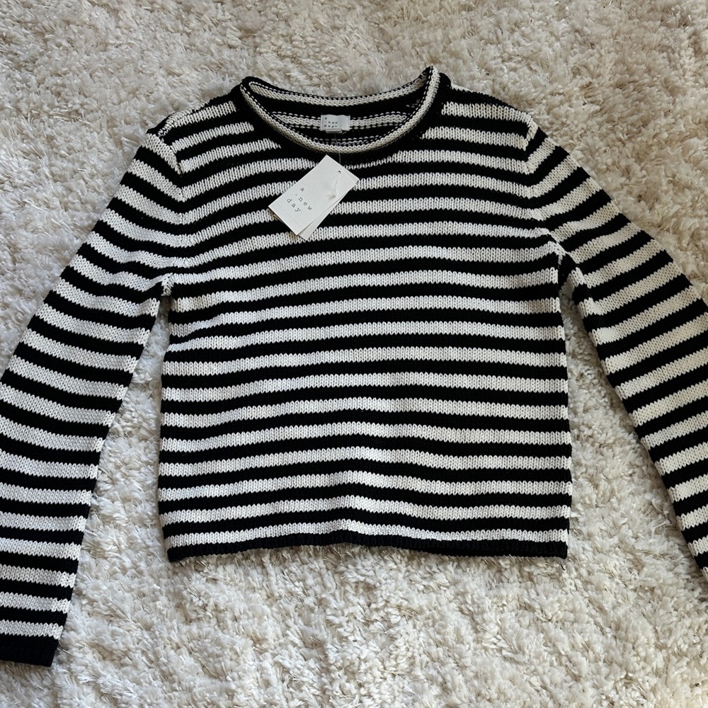 a new day Black and White Striped Crew Neck Sweater